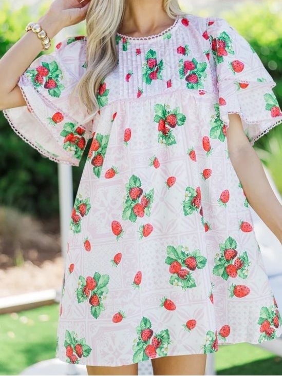 Peach Love California Dresses & Skirts - PEACH LOVE CALIFORNIA Berry Bliss Pink Cotton Strawberry Dress Size Medium